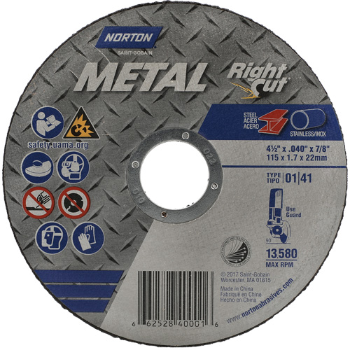 Meule &agrave; tronçonner m&eacute;tallique pour coupe &agrave; angle droit RightCut, 4-1/2" x 0,045", Arbre de 7/8", Type 01/41, Oxyde d'aluminium, 13580 Tr/min Haskins Industrial Inc.