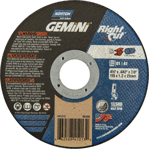 Meule &agrave; tronçonner pour coupe &agrave; angle droit RightCut Gemini, 4-1/2" x 0,045", Arbre de 7/8", Type 01/41, Oxyde d'aluminium, 13580 Tr/min Haskins Industrial Inc.