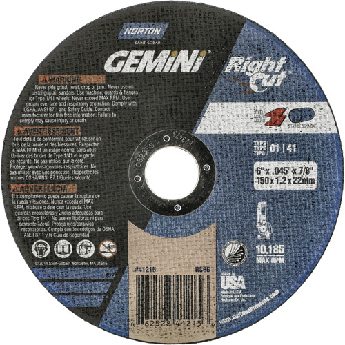 Meule &agrave; tronçonner pour coupe &agrave; angle droit RightCut Gemini, 6" x 0,045", Arbre de 7/8", Type 01/41, Oxyde d'aluminium, 10185 Tr/min Haskins Industrial Inc.