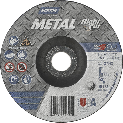 Meule &agrave; tronçonner m&eacute;tallique pour coupe &agrave; angle droit RightCut, 6" x 0,045", Arbre de 7/8", Type 27/42, Oxyde d'aluminium, 10190 Tr/min Haskins Industrial Inc.
