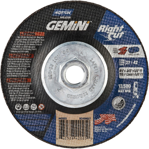 Meule &agrave; tronçonner pour coupe &agrave; angle droit RightCut Gemini, 4-1/2" x 0,045", Arbre de 5/8"-11, Type 27/42, Oxyde d'aluminium, 13580 Tr/min Haskins Industrial Inc.