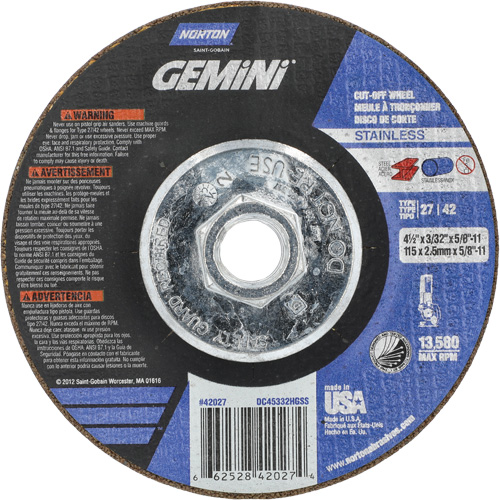 Gemini INOX/SS Right Angle Cut-Off Wheel, 4-1/2" x 3/32", 5/8"-11 Arbor, Type 27/42, Aluminum Oxide, 13580 RPM Haskins Industrial Inc.