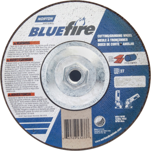Disque de meulage et tronçonnage BlueFire, 7" x 1/8", Arbre de 5/8"-11, Type 27, Alumine de zirconium Haskins Industrial Inc.