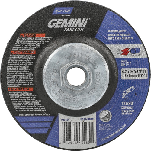 Meule Gemini, 4-1/2" x 1/4", Arbre 5/8"-11, Oxyde d'aluminium, Type 27 Haskins Industrial Inc.