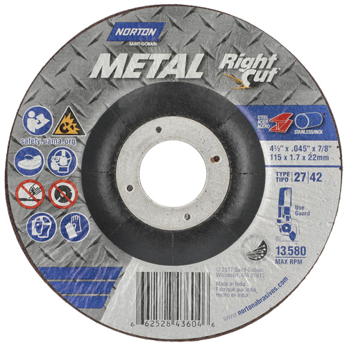 Meule &agrave; tronçonner m&eacute;tallique pour coupe &agrave; angle droit RightCut, 4-1/2" x 0,045", Arbre de 7/8", Type 27, Oxyde d'aluminium, 13580 Tr/min Haskins Industrial Inc.