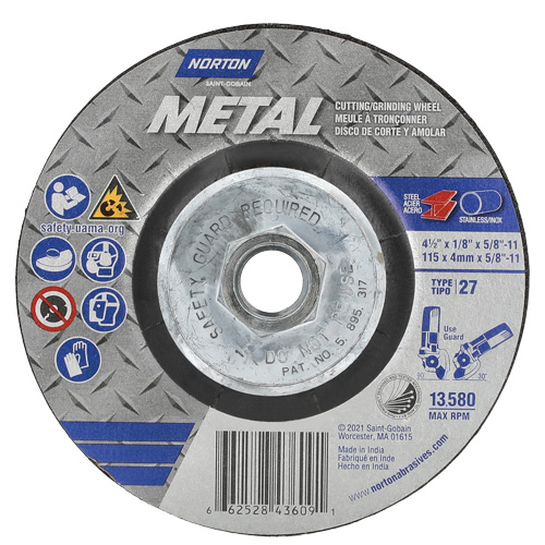 Metal Grinding & Cutting Wheel, 4-1/2" x 1/8", 5/8"-11 Arbor, Type 27, Aluminum Oxide Haskins Industrial Inc.