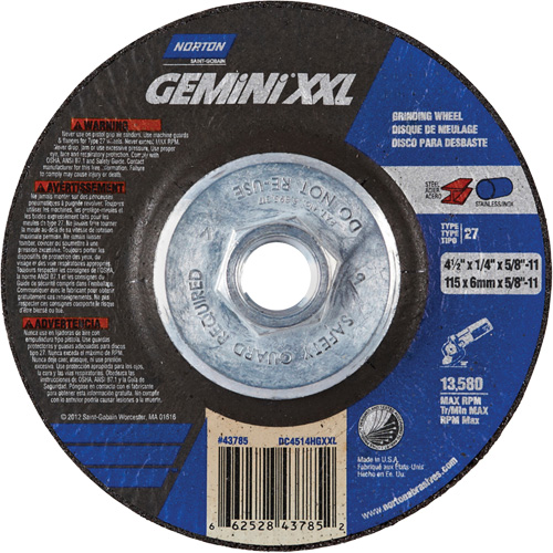 Meule XXL Gemini, 4-1/2" x 1/4", Arbre 5/8"-11, Oxyde d'aluminium, Type 27 Haskins Industrial Inc.