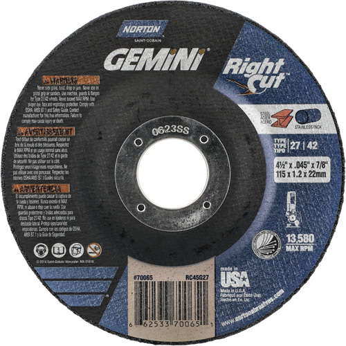 Gemini RightCut Right Angle Cut-Off Wheel, 4-1/2" x 0.045", 7/8" Arbor, Type 27/42, Aluminum Oxide, 13580 RPM Haskins Industrial Inc.
