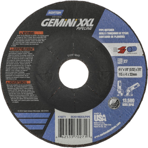 Disque combin&eacute; de meulage et tronçonnage Gemini XXL, 4-1/2" x 1/8", Arbre de 7/8", Type 27, Oxyde d'aluminium Haskins Industrial Inc.