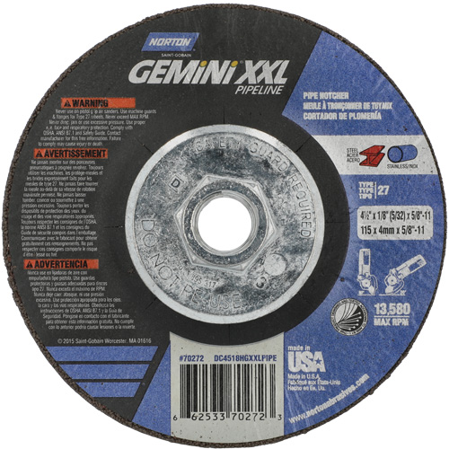 Disque combin&eacute; de meulage et tronçonnage Gemini XXL, 4-1/2" x 1/8", Arbre de 5/8"-11, Type 27, Oxyde d'aluminium Haskins Industrial Inc.