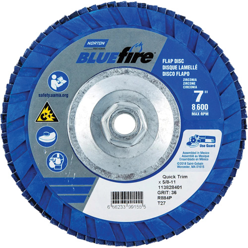 Disque &agrave; lamelles de densit&eacute; standard BlueFire, 7" x 5/8"-11, Type 27, Grain P36, Alumine de zirconium Haskins Industrial Inc.