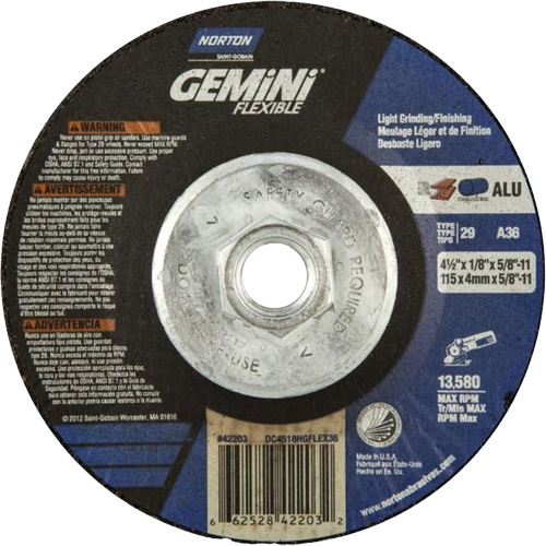 Meule et meule &agrave; tronçonner combin&eacute;e et flexible Gemini A AO, 4-1/2" x 1/8", Arbre de 5/8"-11, Type 29, Oxyde d'aluminium, 13580 Tr/min Haskins Industrial Inc.