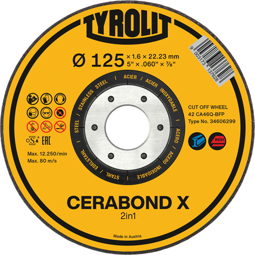 CERABOND X Cut-Off Wheel for Steel & Stainless Steel, 5" x 0.6", 7/8" Arbor, Type 27, Ceramic, 12250 RPM Haskins Industrial Inc.