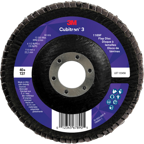 Cubitron 3 Flat Flap Disc 1169F, 4-1/2" x 7/8", Type T27, 40+ Grit, Ceramic Haskins Industrial Inc.