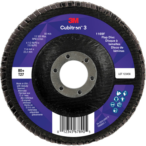 Cubitron 3 Flat Flap Disc 1169F, 4-1/2" x 7/8", Type T27, 80+ Grit, Ceramic Haskins Industrial Inc.