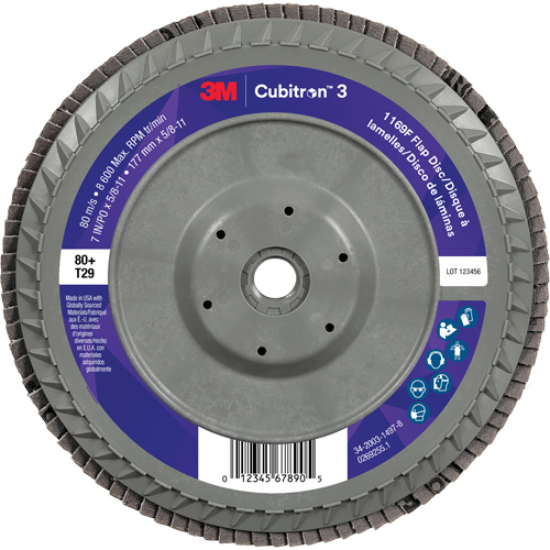Disque &agrave; lamelles plate 1169F Cubitron 3, 7" x 5/8"-11, Type T29, Grain 80+, C&eacute;ramique Haskins Industrial Inc.