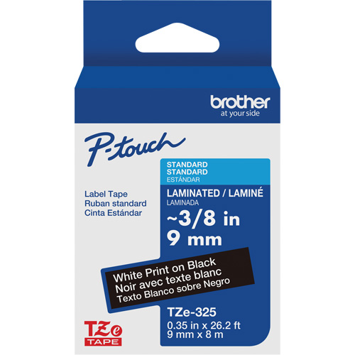 P-touch&reg; Labeling Systems, 9 mm x 314.96" or 8 m, White on Black Haskins Industrial Inc.