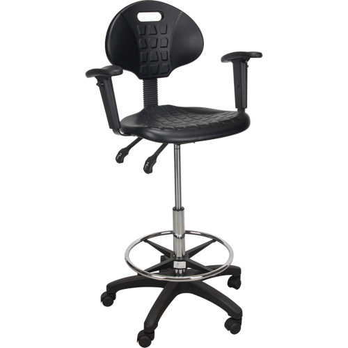Tabouret ergonomique robuste avec accoudoirs r&eacute;glables et roulettes en nylon, Mobile, Ajustable, 39" - 48", Polyur&eacute;thane Si&egrave;ge, Noir Haskins Industrial Inc.