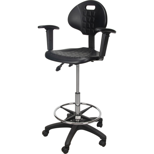 Tabouret ergonomique robuste avec accoudoirs r&eacute;glables et roulettes en nylon, Mobile, Ajustable, 39" - 48", Polyur&eacute;thane Si&egrave;ge, Noir Haskins Industrial Inc.