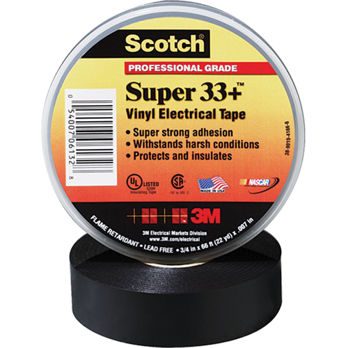 Scotch&reg; Super 33 Tape, 19 mm (3/4") x 20.1 m (66'), Black, 7 mils Haskins Industrial Inc.