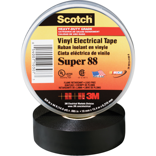 Scotch&reg; Super 88 Tape, 19 mm (3/4") x 20.1 m (66'), Black, 8.5 mils Haskins Industrial Inc.
