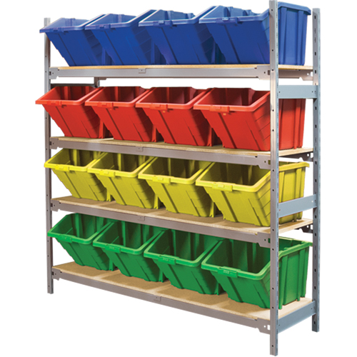 Wide Span Shelving with Jumbo Plastic Bins, Steel, Boltless, 800 lbs. Capacity, 66" W x 72" H x 18" D Haskins Industrial Inc.