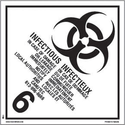 &eacute;tiquettes d'exp&eacute;dition TMD, Classe 6,2, Substances infectieuses, Papier Haskins Industrial Inc.