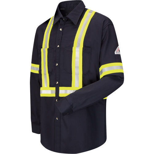 Work Shirt with Reflective Trim, Cotton/Nylon, Small, Navy Blue Haskins Industrial Inc.