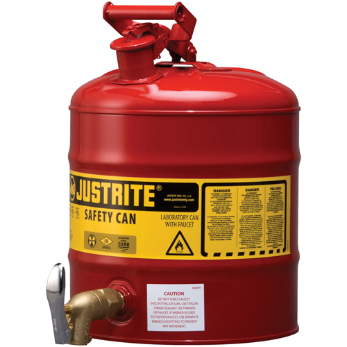 Bidon avec robinet s&eacute;curitaires pour laboratoires, Type I, Acier, 5 gal. US, Rouge, Homologu&eacute; FM Haskins Industrial Inc.