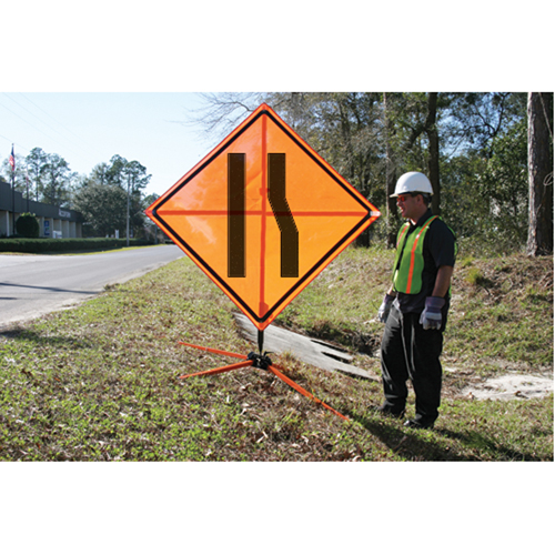 Tilt-Adjust Merge Left Roll-Up Construction Sign, 36" x 36", Vinyl, Pictogram Haskins Industrial Inc.