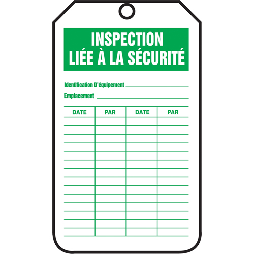 &eacute;tiquettes de s&eacute;curit&eacute; d'inspection et de contr&ocirc;le de l'&eacute;tat de l'&eacute;quipement, Papier cartonn&eacute;, 3-1/8" la x 5-7/8" h, Français Haskins Industrial Inc.