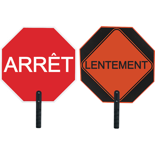 Double-Sided "Arr&ecirc;t/Lentement" Traffic Control Sign, 18" x 18", Aluminum, French with Pictogram Haskins Industrial Inc.