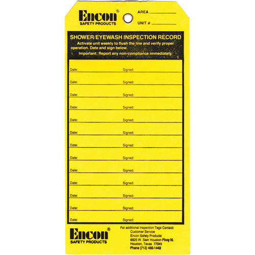 Emergency Shower & Eyewash Inspection Record Tag, Cardstock, 3-1/8" W x 6-1/4" H, English Haskins Industrial Inc.