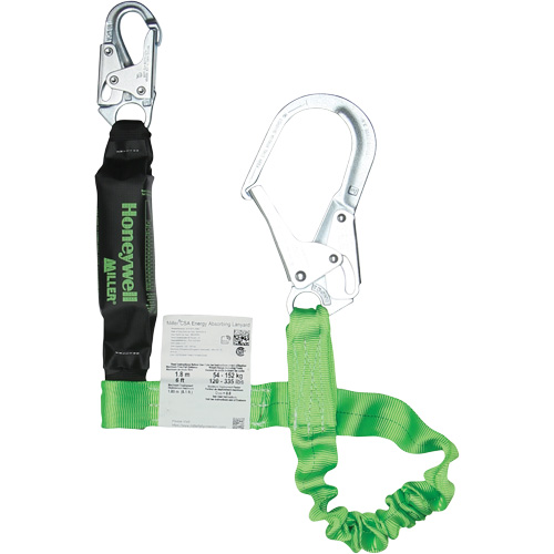 Miller&reg; StretchStop&reg; Shock-Absorbing Lanyard, 6', Scaffold Hook Center, Locking Snap Hook Leg Ends, Polyester Haskins Industrial Inc.