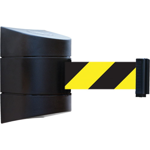 Tensabarrier&reg; Wall Unit, Steel, Screw Mount, 30', Black and Yellow Tape Haskins Industrial Inc.