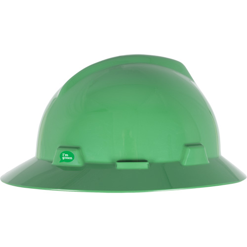 Casque de s&eacute;curit&eacute; &agrave; bord complet V-Gard GREEN avec fentes, R&eacute;pond aux normes CSA type 1, Suspension Rochet Haskins Industrial Inc.