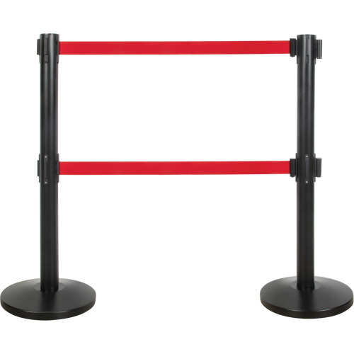Barri&egrave;re pour le contr&ocirc;le des foules &agrave; courroie double, Acier, 35" h, Ruban Rouge, Longueur du ruban 7' Haskins Industrial Inc.