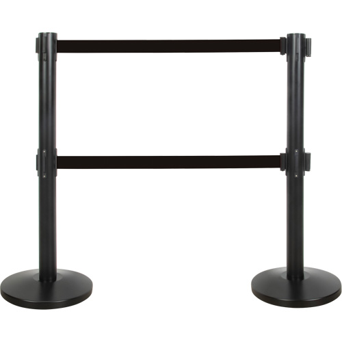 Dual Belt Crowd Control Barrier, Steel, 35" H, Black Tape, 7' Tape Length Haskins Industrial Inc.