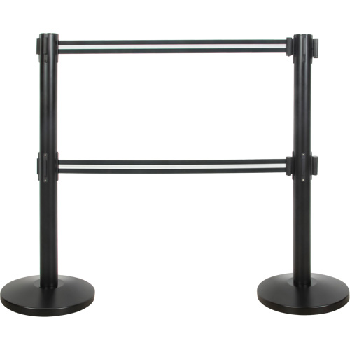 Dual Belt Crowd Control Barrier, Steel, 35" H, Black/White Tape, 7' Tape Length Haskins Industrial Inc.