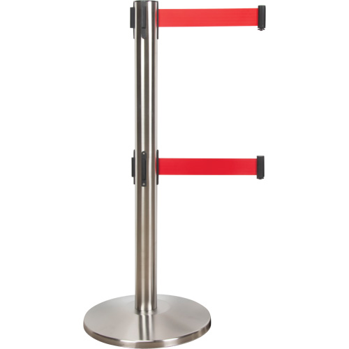Barri&egrave;re pour le contr&ocirc;le des foules &agrave; courroie double, Acier, 35" h, Ruban Rouge, Longueur du ruban 7' Haskins Industrial Inc.