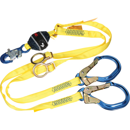 Twin-Leg Tie-Back Web Shock-Absorbing Lanyard, 6', Rebar Hook Center, Snap Hook Leg Ends, Polyester Haskins Industrial Inc.