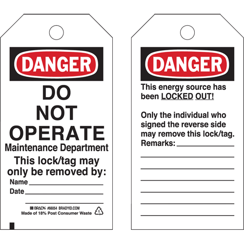 Lockout Tags, Plastic, 3" W x 5-3/4" H, English Haskins Industrial Inc.