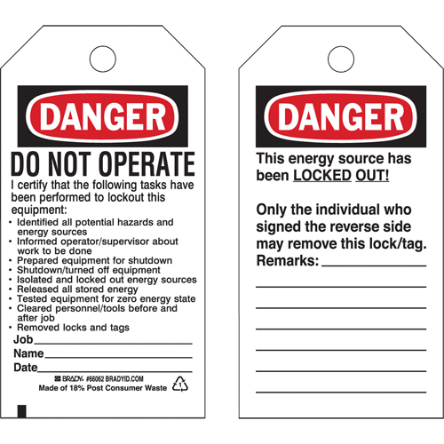 Lockout Tags, Plastic, 3" W x 5-1/2" H, English Haskins Industrial Inc.