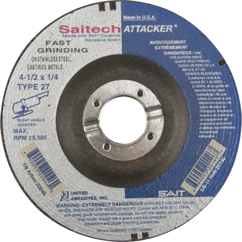 Saitech Attacker&reg; Fast Grinding Wheel, 4-1/2" x 1/4", 7/8" Arbor, Aluminum Oxide/Ceramic, Type 27 Haskins Industrial Inc.