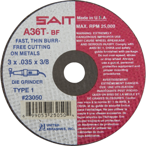Cut-Off Wheel (A36T), 3" x 0.035", 3/8" Arbor, Type 27, Aluminum Oxide, 25000 RPM Haskins Industrial Inc.
