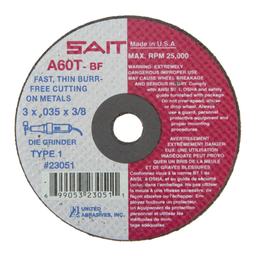 Cut-Off Wheel (A36T), 3" x 0.035", 3/8" Arbor, Type 1, Aluminum Oxide, 25000 RPM Haskins Industrial Inc.
