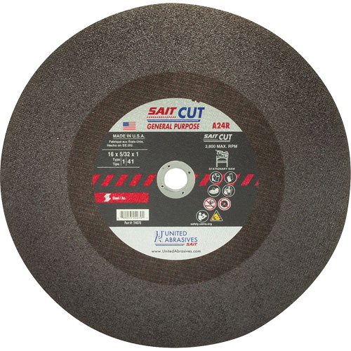 Cut-Off WHEEL A24R, 16" x 5/32", 1" Arbor, Type 1, Aluminum Oxide, 3800 RPM Haskins Industrial Inc.