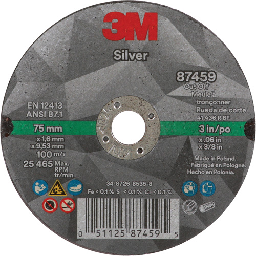 Silver Cut-Off Wheel, 3" x 0.06", 3/8"-24 Arbor, Type 1, Ceramic, 25645 RPM Haskins Industrial Inc.