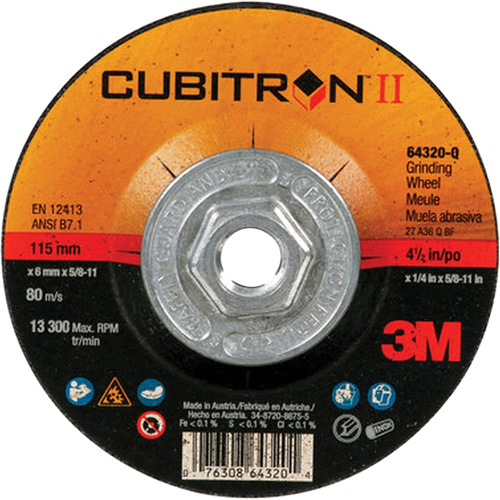 Cubitron II Quick Change Depressed Centre Grinding Wheel 64320, 4-1/2" x 1/4", 5/8"-11 Arbor, Type 27, Ceramic Haskins Industrial Inc.