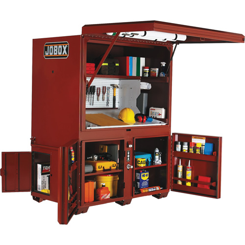 Coffre de chantier et surface de travail sur le terrain, 63" la x 42" p x 80" h, Acier, Rouge Haskins Industrial Inc.